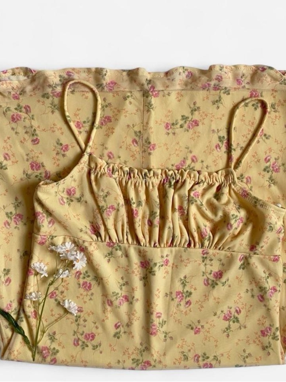 Vintage yellow floral mesh milkmaid mini dress